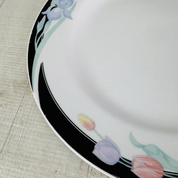 Excel CARAVEL Pink Purple Floral Iris Tulips Black Border Dinner Plates Set of 4 - Picture 15 of 16